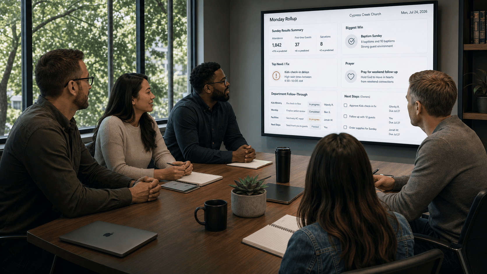 Church staff reviewing a BetterMyChurch Monday Rollup together